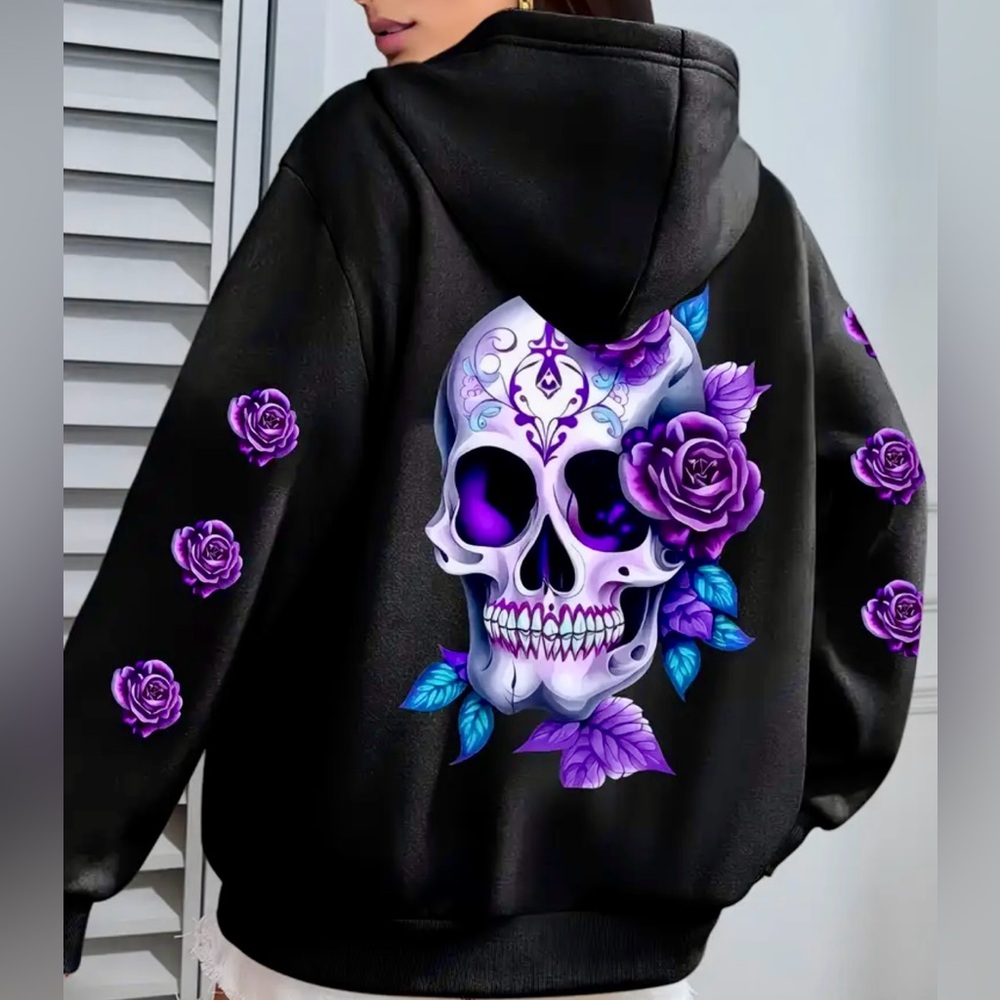 NIP SUGAR SKULL DAY OF DEAD HOODIE SWEATSHIRT SIZE WOWENS SMALL PURPLE ROSES